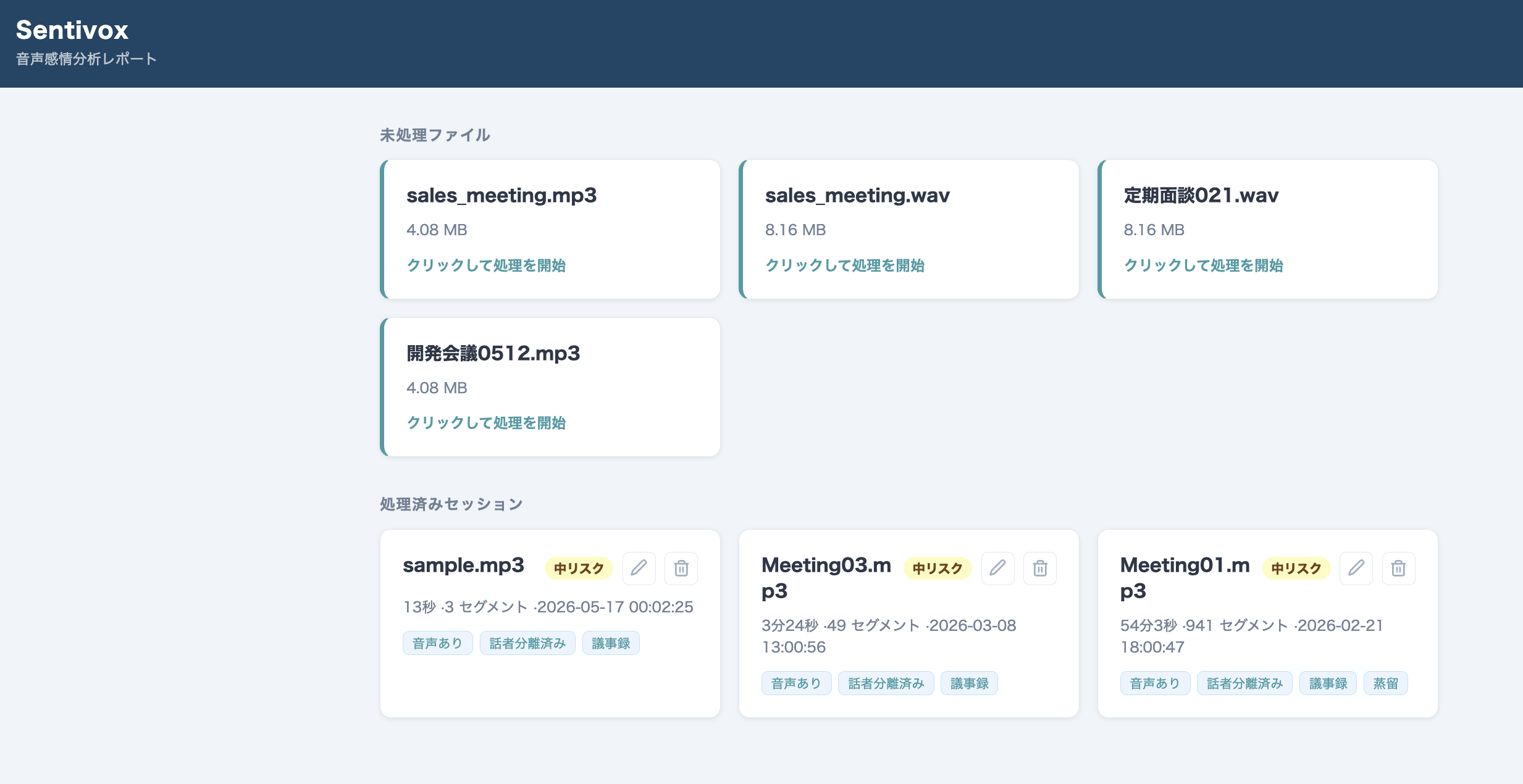 Sentivox セッション一覧画面 ── 処理済みセッションのリスクレベル・時間・話者数を一覧表示