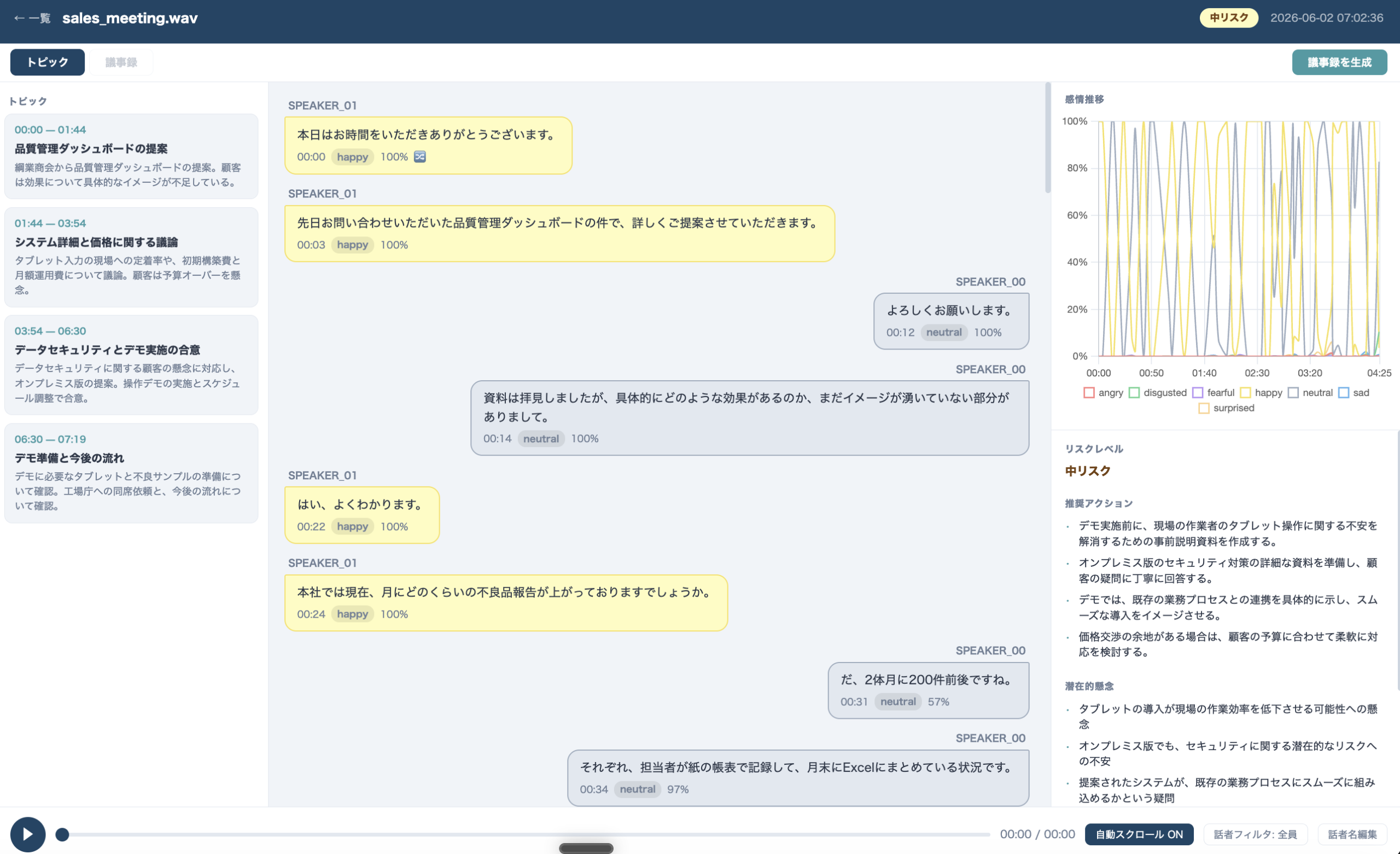 Sentivox バブルチャットビューア ── 3 カラム構成 (トピック / 会話 / 分析)