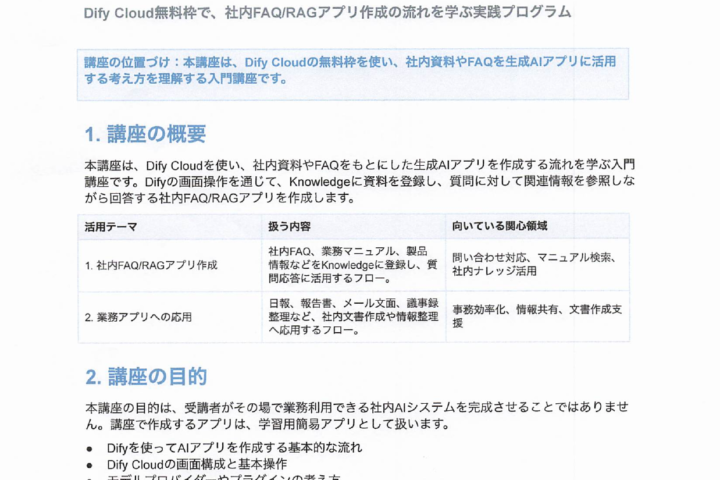 Difyクラウド・社内ナレッジ活用入門講座 1ページ目